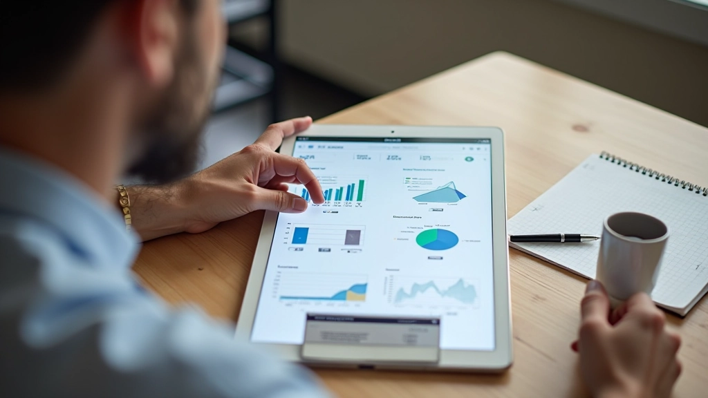 Founder reviewing monthly financial reports and business metrics on tablet device at meeting table