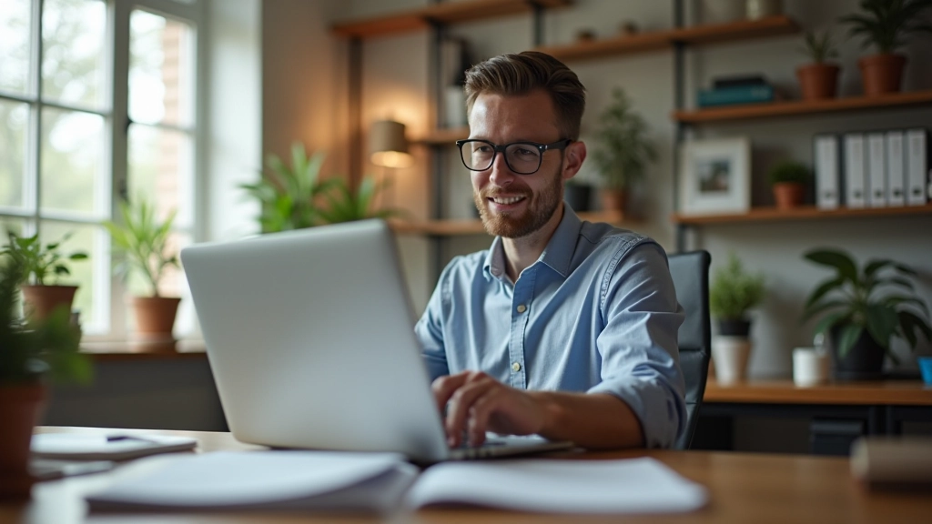 Small business owner reviewing accounting dashboard and bank connections on laptop computer at home office
